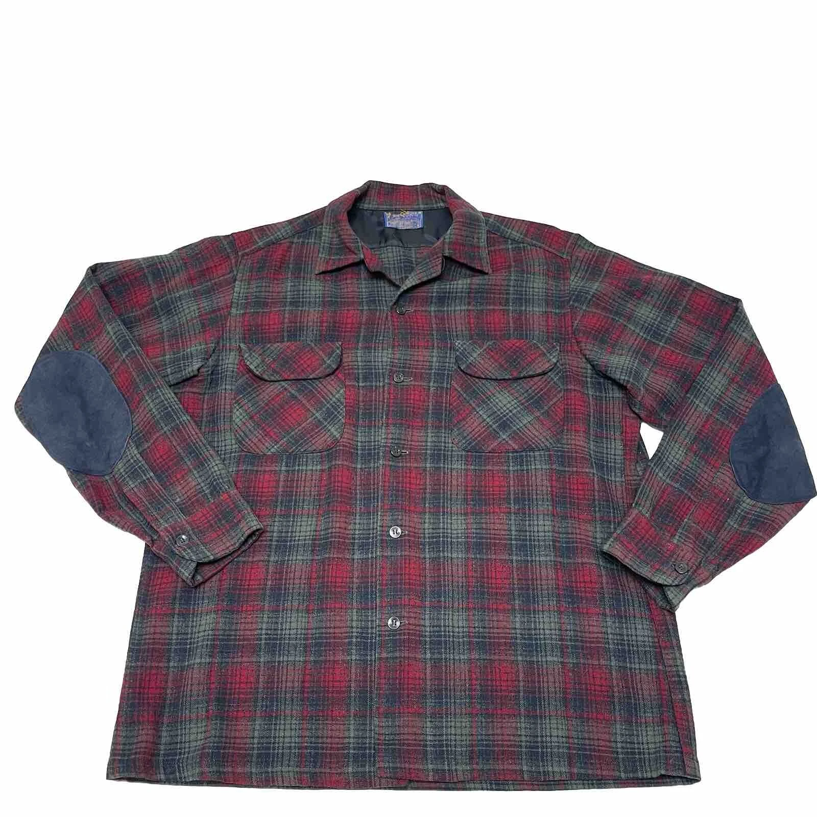 VTG Pendleton Trail Shirt Men Medium Red Plaid Wool Flannel Elbow Patch 60s USA