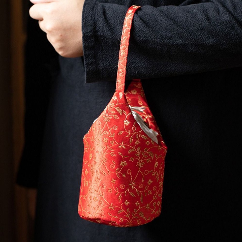 Handbag Tea Tools Storage Bag Flower Print Drawstring Bundle Pocket