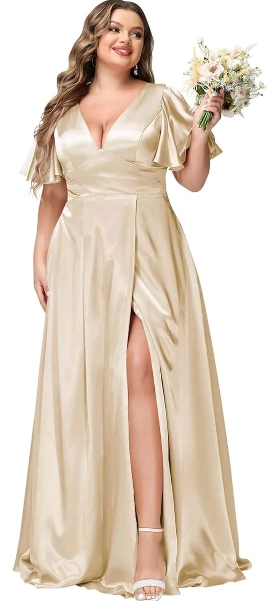 deep gold bridesmaid dresses Womens Champagne Satin Ruffle Sleeves Ceremony Formal Dress Sz 1X Size:48L Jaipur The Boob Tape Bra The returned item must