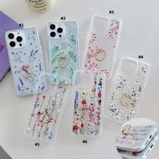 For iPhone 17Pro Max 16 13 11 Fashion Clear Flower Pattern Ring Stand Phone Case