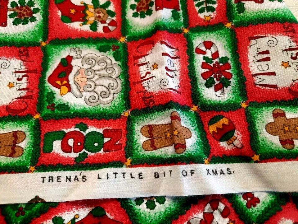 Vintage 1 Yd 'Trena's Little Bit of Xmas' Fabric Joy Gingerbread Men Santa Claus - Image 2 of 3