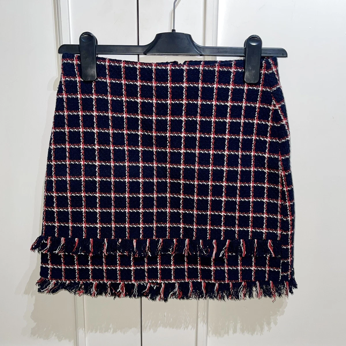ZARA NAVY RED WHITE CHECK FRINGE TWEED BOUCLE MINI SKIRT SIZE XS