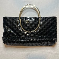 Ashley Moore Vintage Black Metal Mesh Clutch w/ Foldable Gold Handles and Strap