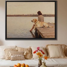 Lakeside Oil Painting Labrador Framed Canvas Dog Lover Wall Art Rustic Decor