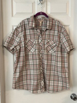 Women's Bit & Bridle 2X Plaid Button Short Sleeve Shirt Cream Pink Gray