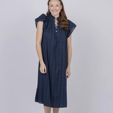 Never A Wallflower Smocked Midi Dress Navy Swiss Dot Size Large Modest Lined