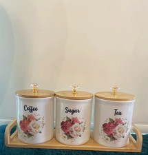 Rose Ceramic Storage Canister Coffee Sugar Tea Set of 3 Kitchen Pantry Container