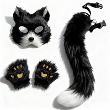 Furry Animal Mask with Tail and Paw Gloves Faux Fluffy Animal Costume Outfit
