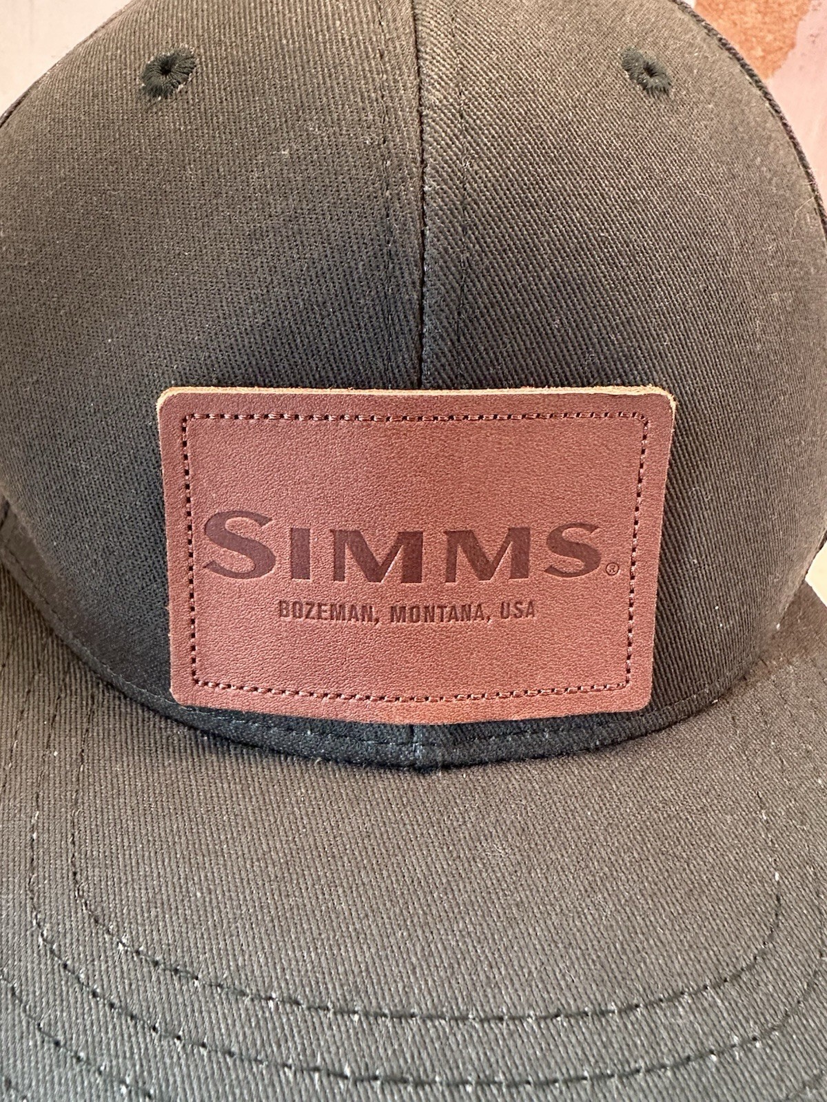Simms Leather Patch Cap Hat Green OSFM Fishing Ou… - image 4