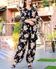 Designer Black Floral Co-Ord Set Women Ethnic Kurta Top  Bottom Outfit