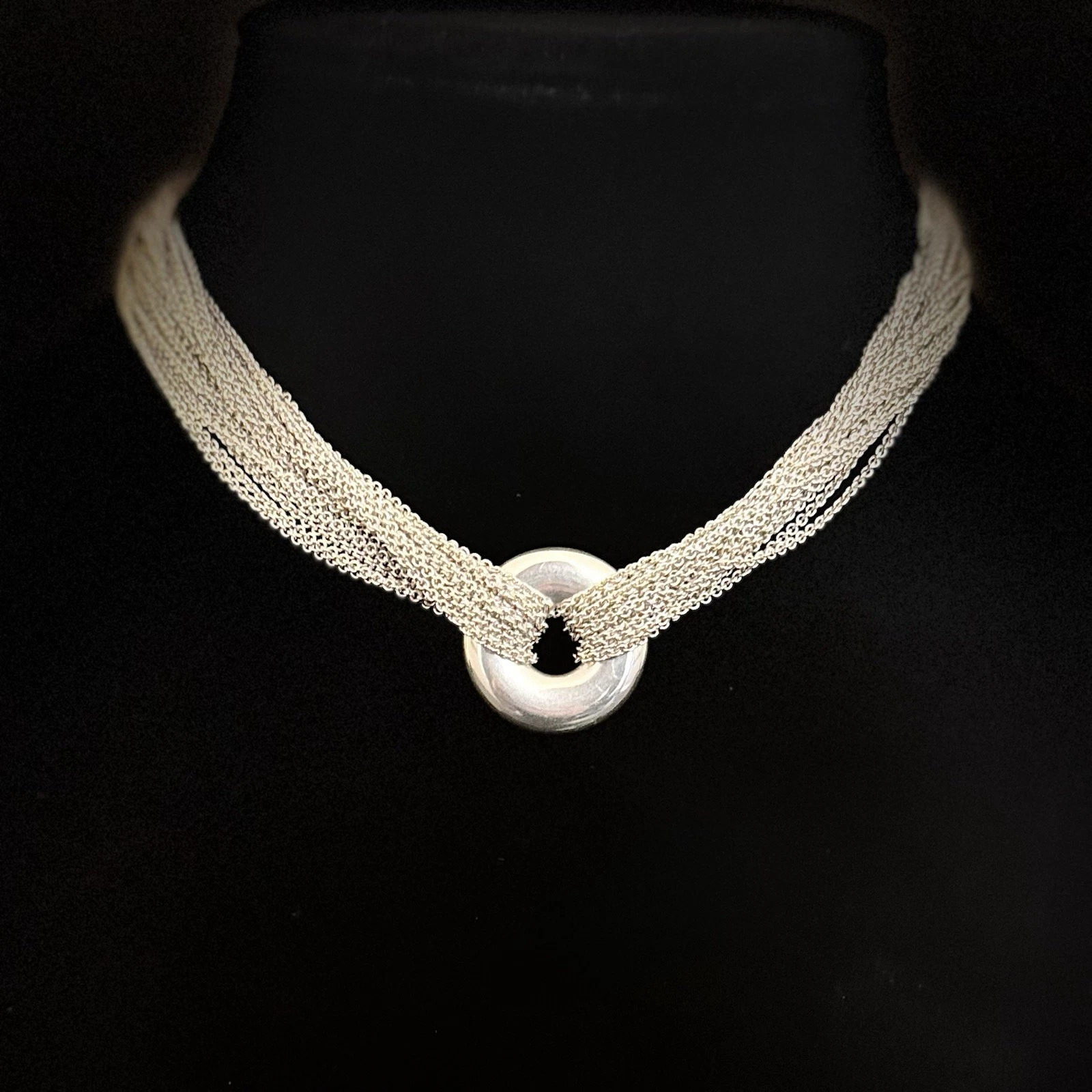 Tiffany & Co. Mesh Multi Strand Donut Circle Toggle Necklace 925 Sterling Silver