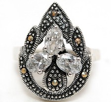 1CT White Topaz  Swiss Marcasite 925 Solid Sterling Silver Ring Sz 6,7,8,9 ZB8
