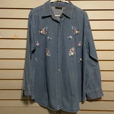 Premier International Denim Shirt Floral Embroidered Long Sleeve Button Up L
