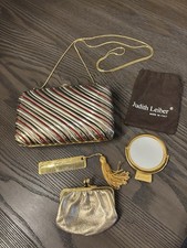 Judith Lieber Hard Gold Tone Ribbed Striped Evening Clutch W Accessories VTG