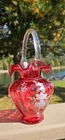 Fenton Cranberry Hand Painted PANSY Pansies Basket   Signed smith