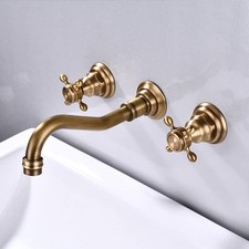 Antique Brass 2 Knobs Basin Faucet Wall Mounted 3 Holes Bath Basin Mixer Tap