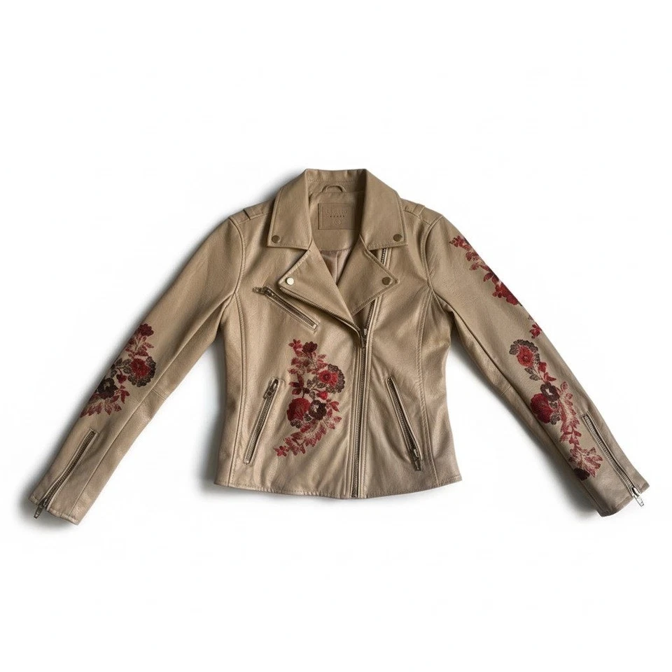 BLANK NYC Moto Jacket Faux Leather Floral Embroidered Boho Tan Small NWOT - Image 3 of 4