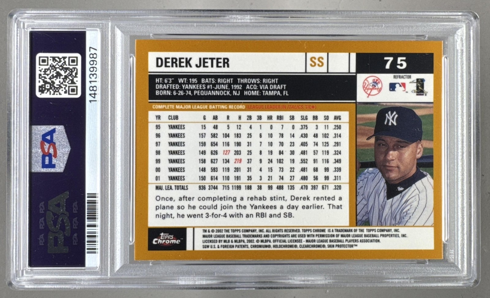 148139987 Derek Jeter 2002 Topps Chrome #75 Gold Refractor PSA 9 view 2