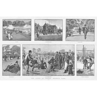 LONDON Regents Park Views at Cricket Ground, Pavilion, Lake - Antique Print 1890