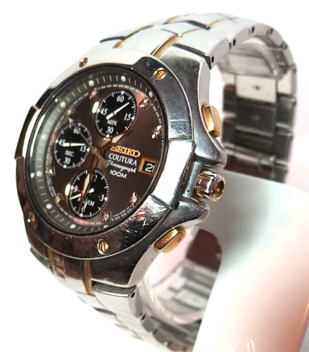 JAPAN MENS QUARTZ SEIKO COUTURA 7T62-0FA0 WRISTWATCH SILVER & GOLD TONE 10BAR