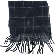 Polo Ralph Lauren Wool Blend Scarf Black Grey Windowpane Plaid Fringe Pony Logo