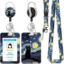 Black Cat Lanyards for Id Badges, Starry Night Badge Holder with Retractable ...