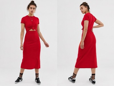 Emory Park Red Cutout Front Knot Waffle Tee Shirt Midi Dress M Medium