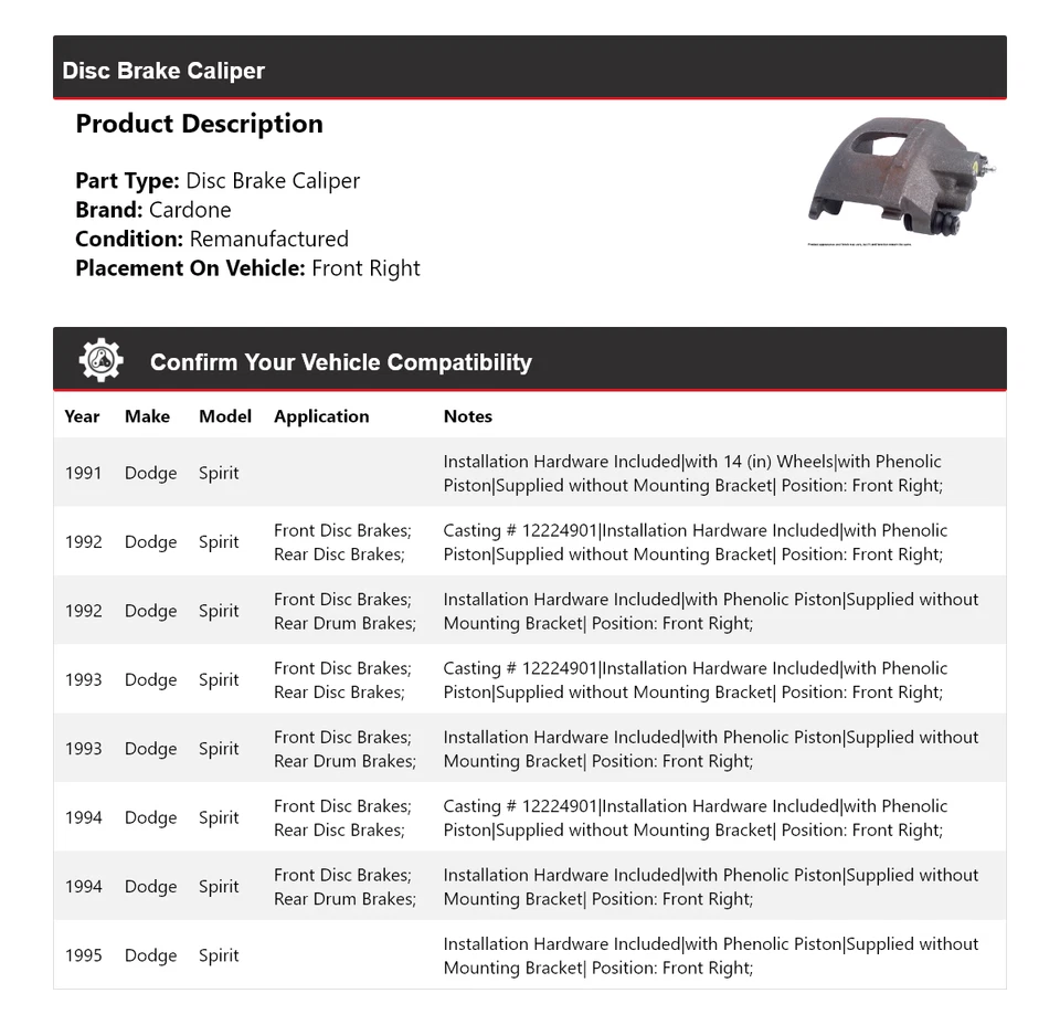 Pinza de freno de disco delantera derecha Cardone 1992 1993 1994 Dodge Spirit 1991-1995 Foto 2 de 4