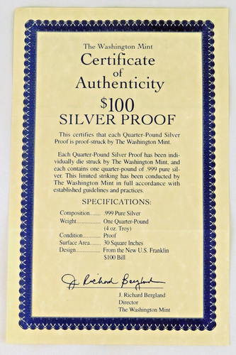Billete de 100 dólares Troy 1996 cuarto de libra 4 oz prueba Washington Mint .999 certificado de autenticidad puro - Imagen 7 de 9