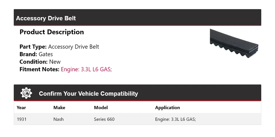 Para 1931 Nash Series 660 3.3L L6 Accesorio GAS Correa de transmisión Puertas Foto 2 de 4