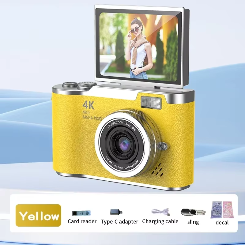4Kコンパクトカメラ イエロー 48MP 4K CCD Digital Camera with 8X Zoom and 180° Flip Screen for