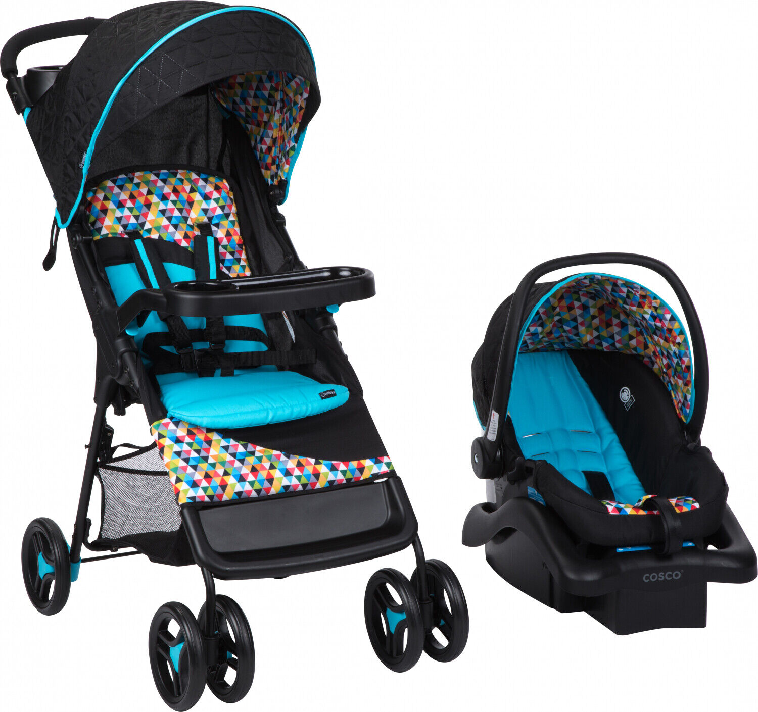 blue car seat and stroller
