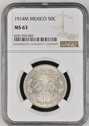 MEXICO ESTADOS UNIDOS 1914  50 CENTAVOS COIN, NGC CERTIFIED UNCIRCULATED MS63