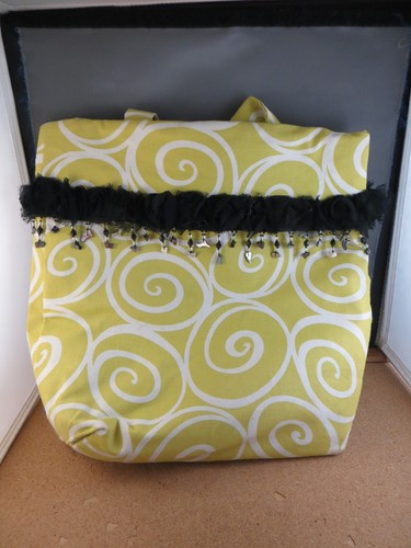 Leigh Nicole Yellow White Swirl Canvas Beach Tote Abalone Jewels Black Lace - Picture 7 of 16