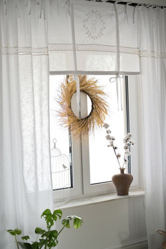 NEU Boho Raff Gardine 160x120 Weiß Bohemian Shabby Schlaufen Bestickt Raffrollo - Bild 8 von 10