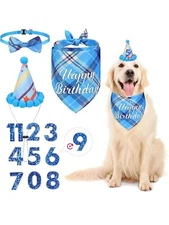 Pet Birthday Bandana Party Supplies with Hat Collar Numbers Plaid Triangle Scarf