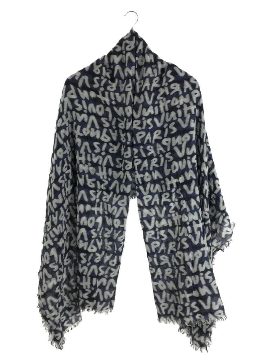 LOUIS VUITTON scarf border graffiti large wool Navy full pattern women Used
