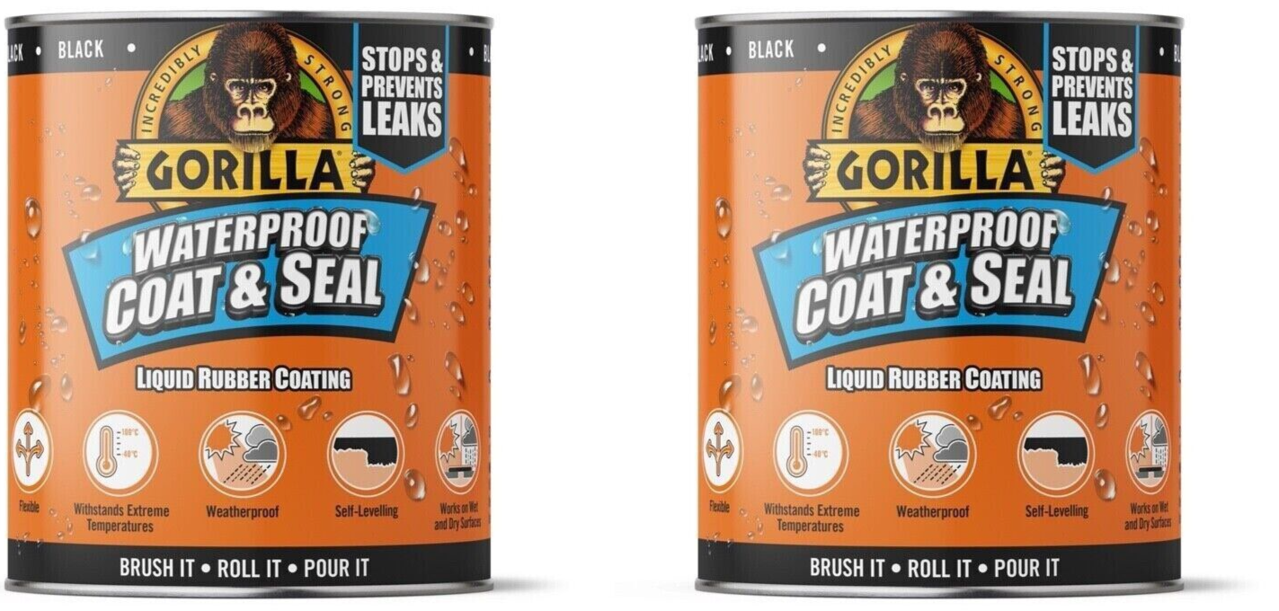 2x Gorilla Waterproof Coat & Seal Leak Seal Liquid Coating Flexible 473ml BLACK