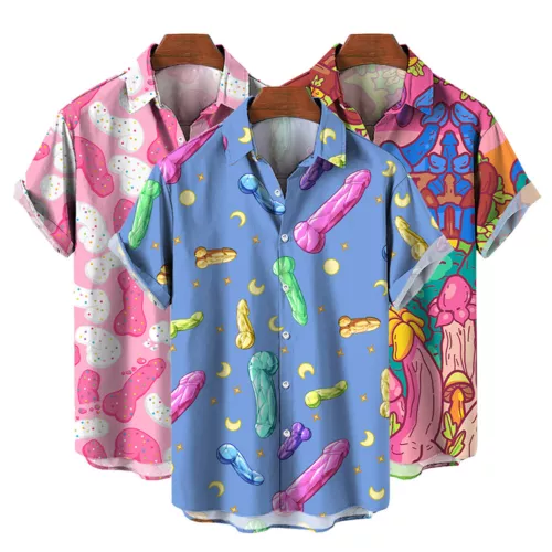 Mens Novelty Button Shirt Fun 3D Printed Short Sleeve T-Shirt Hawaiian Beach-Top - Picture 6 of 17