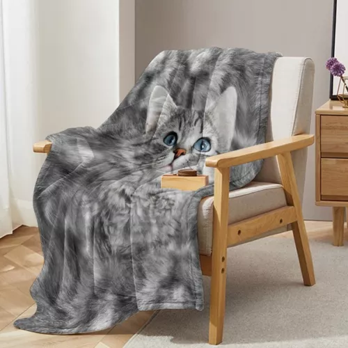 Grey Cat Flannel Velvet Blanket Super Soft Throw Blanket For Sofa Bed 60"x80" - Picture 2 of 9