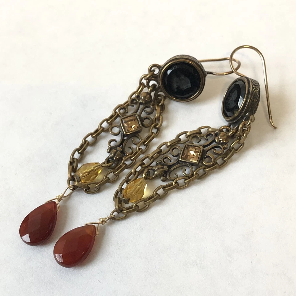 "Pendientes Extasia 3"" llamativos camafeo negro vidrio prensado con cornalina y citrino" Foto 3 de 4