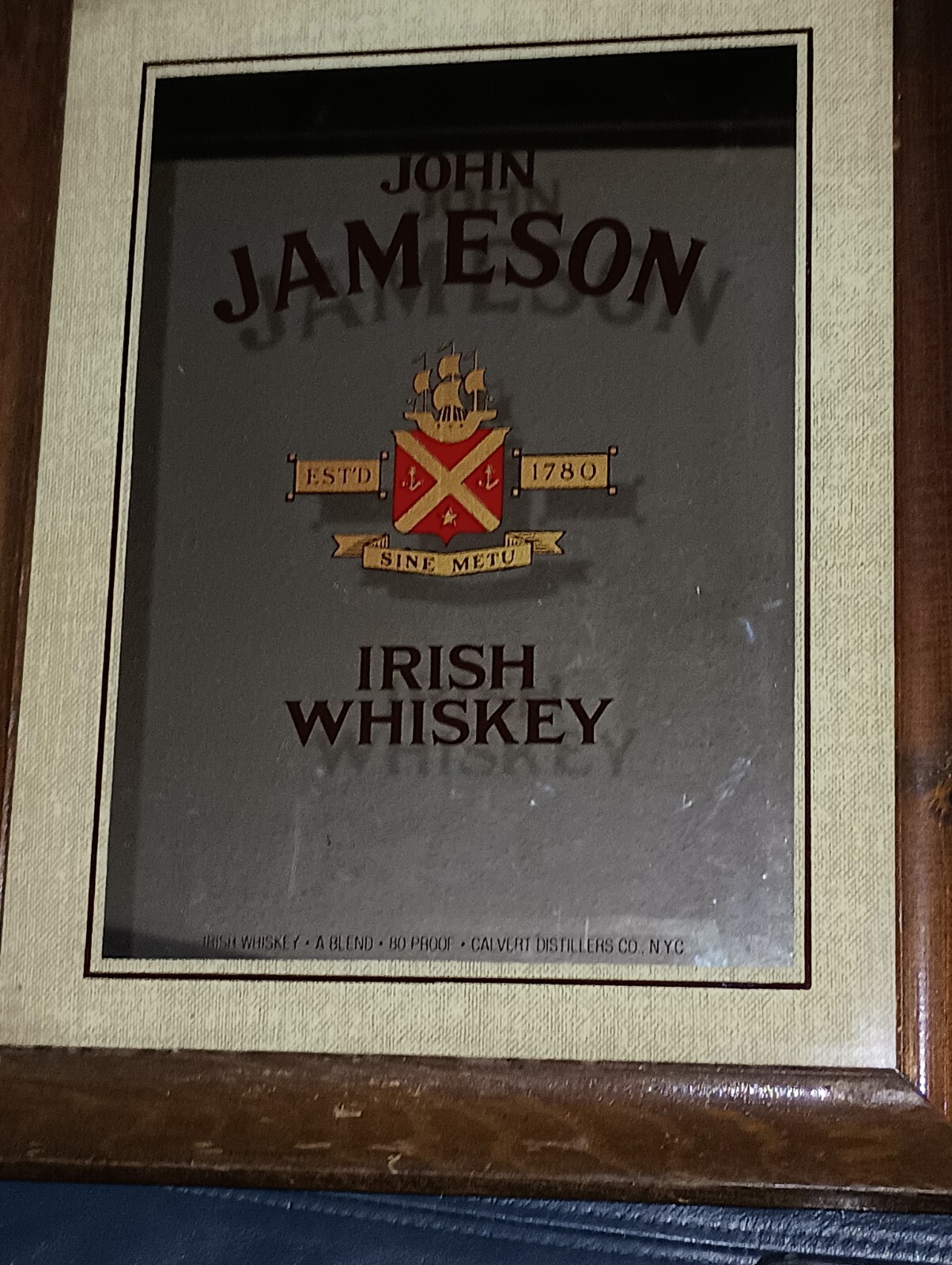 Vintage Rare Mirror Sign JOHN JAMESON IRISH WHISKEY estd 1780 SINE METU Framed