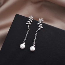 Pearl Flower Leaf Dangle Drop Earrings for Women,White Pearl Earrings,Gifts