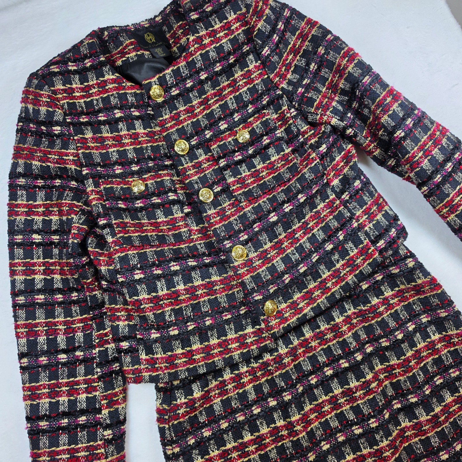 House of Harlow 1960 Tweed Jacket and Dress Set Black Red Gold Metallic Small