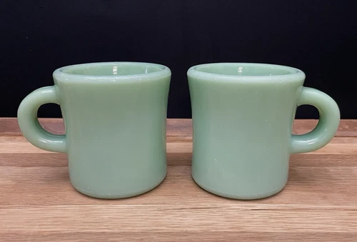 2 Vintage Jadeite Oven Fire King Glass C Handle Heavy Mug Diner/ Restaurant Ware