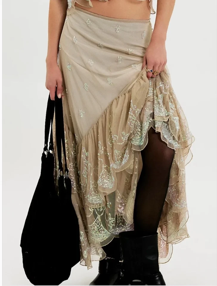 Free People Maxi-Midirock Ciara Shimmer Sequence hellbraun Größe XS - Bild 2 von 4