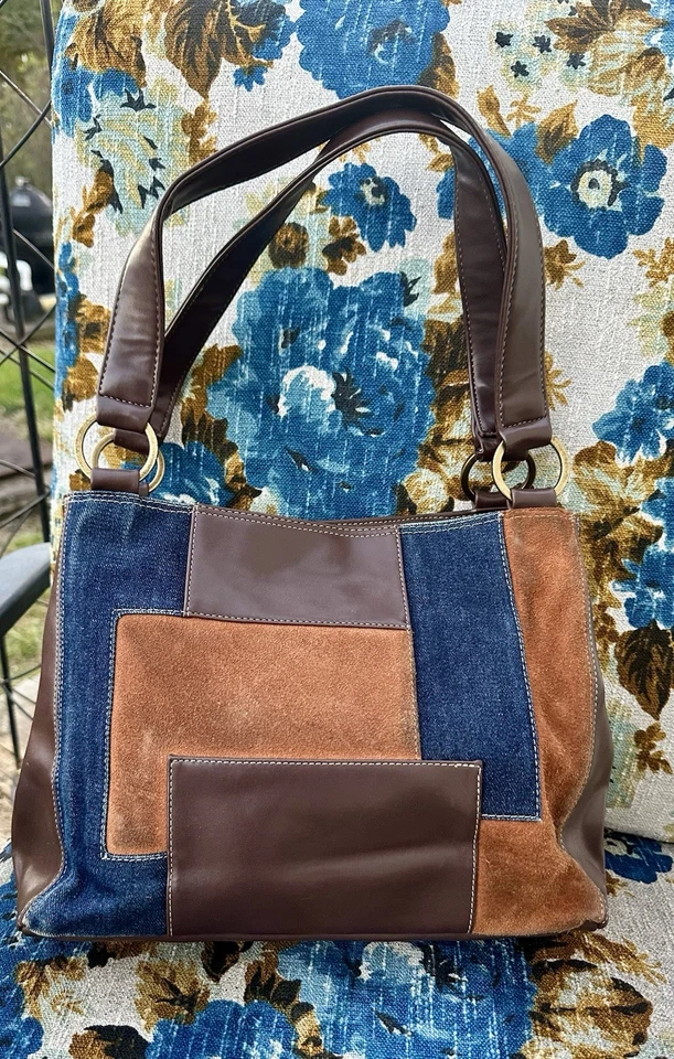 Винтажная лоскутная наплечная сумка Nine West — искусственная кожа и замша с джинсовой тканью - Изображение 4 из 4