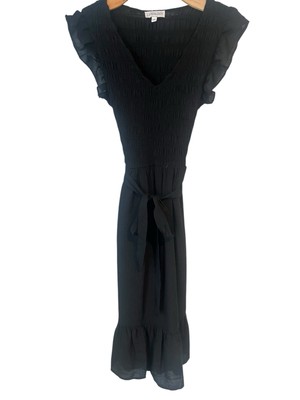 Luxology Maxi Dress Size Medium Black Cap Sleeve V Neck Tie Waist Belt NWT  | eBay