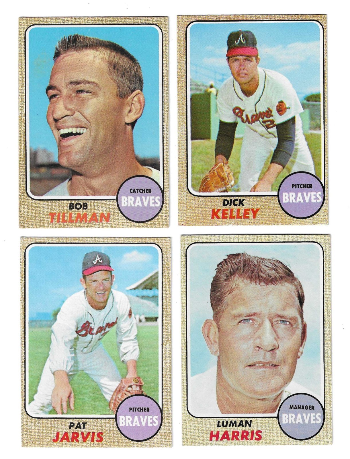 1968 TOPPS, PAT JARVIS, BOB TILLMAN, DICK KELLEY & LUMAN HARRIS, ATLANTA BRAVES
