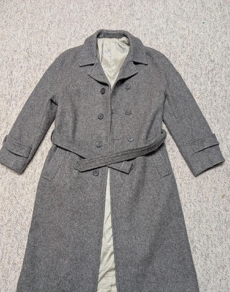 vintage USA made OVERCOAT polo style BELTED raglan 36 gray wool TWEED fleck XS image 13